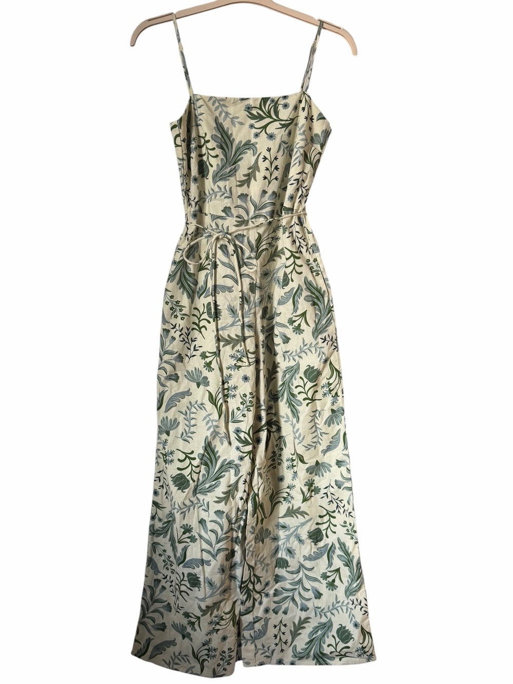 Mango Spaghetti Strap Jumpsuit Green Blue Botanical Print Tie Waist Cotton Linen